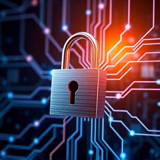 A stylized image representing data privacy and security with a padlock and digital network