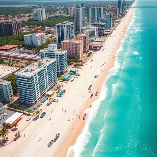 Aerial view of South Beach in Miami with colorful buildings and turquoise water