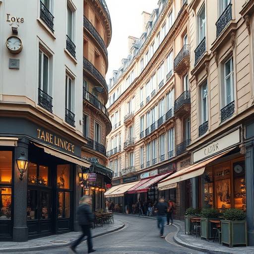 Elegant Parisian street with classic architecture and cafe