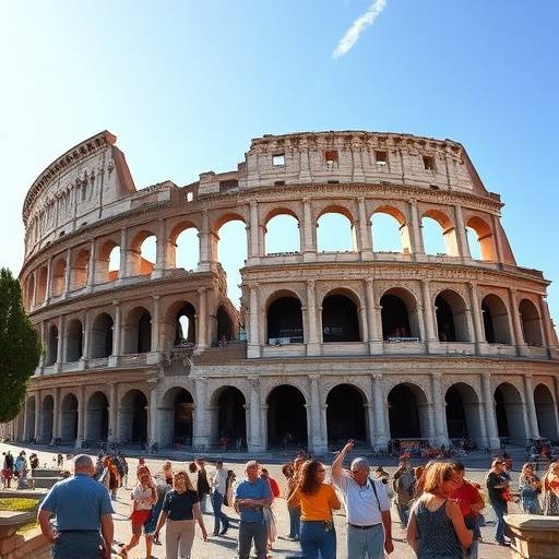 The Colosseum in Rome during a sunny day with tourists